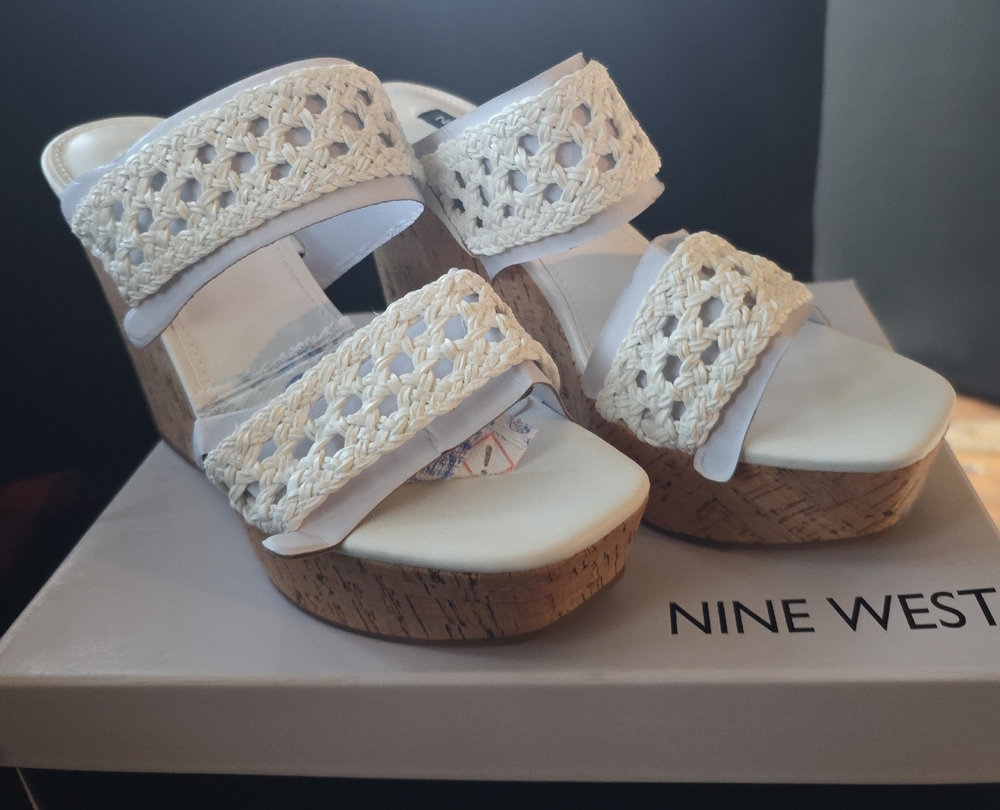 Nine West White and Tan Wedge Sandals